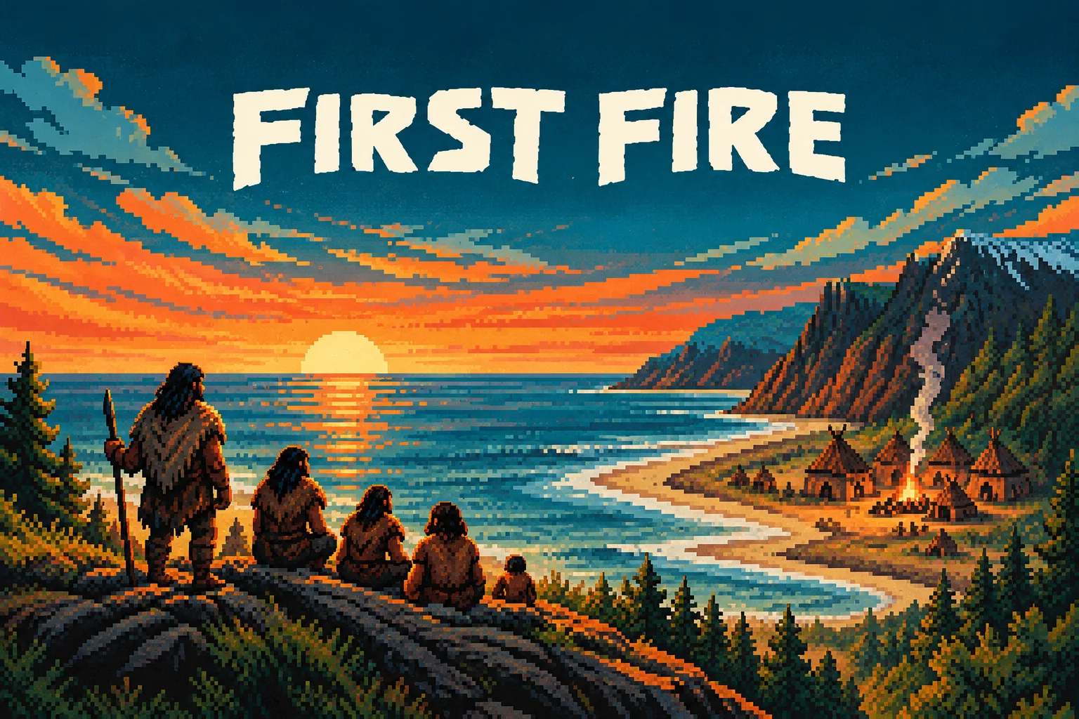 First Fire. A small group sits on a hill above the sea at sunset, looking toward a village with a fire.